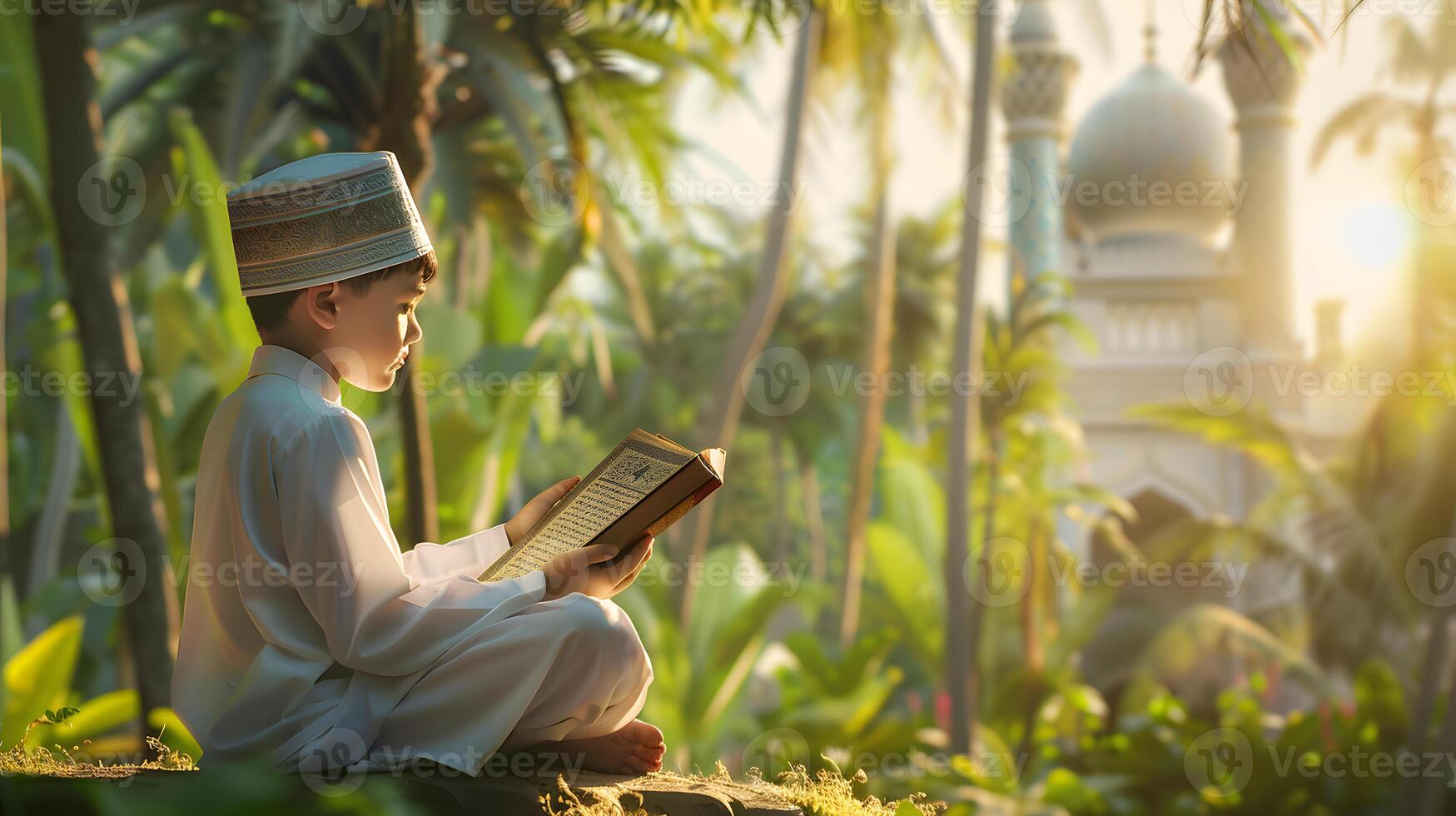 A Muslim boy is holding a Quran with a peaceful atmosphere and a serene scenic background photo