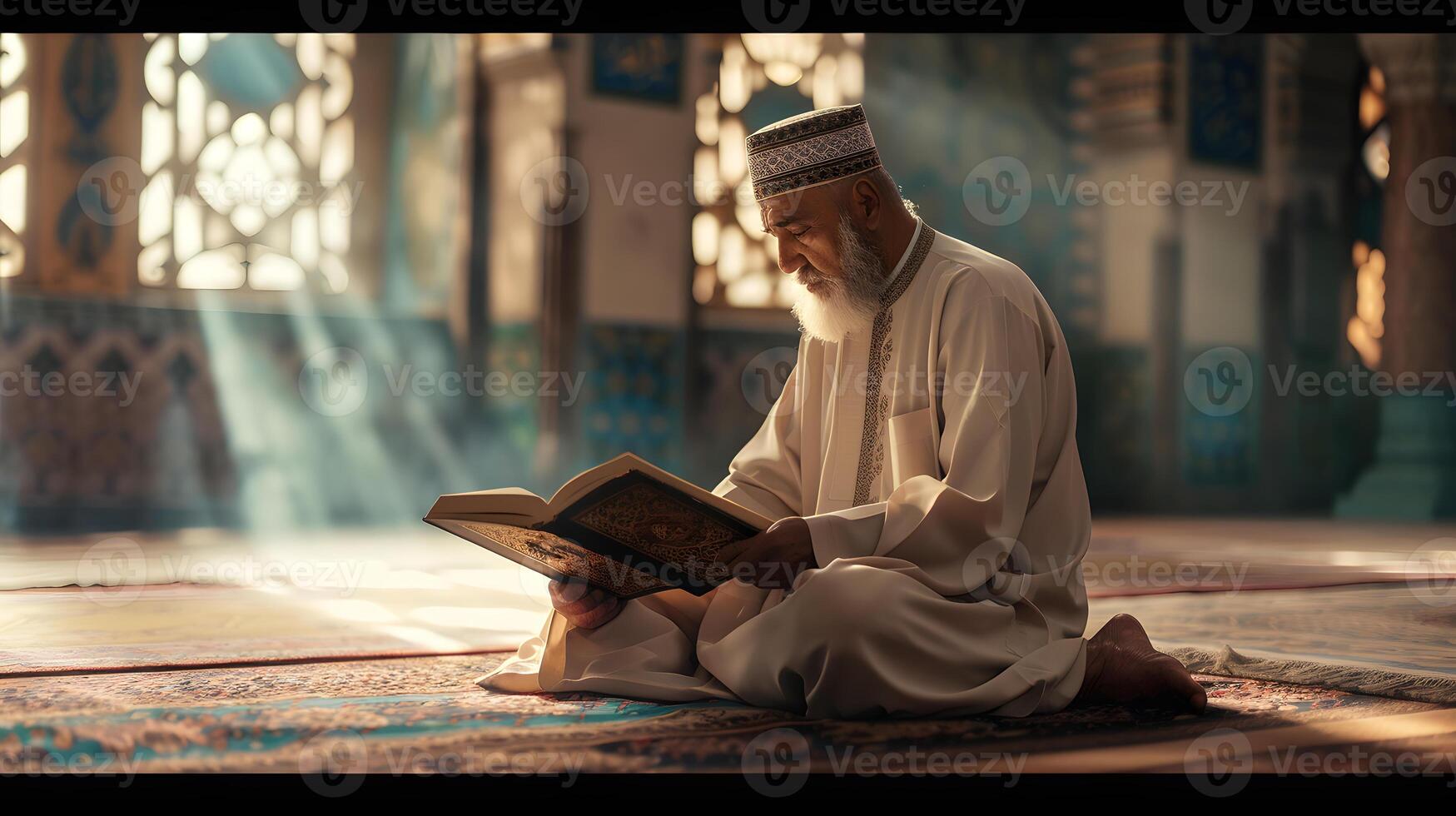 A Muslim man is reading the Quran in a peaceful setting with a dim and serene nighttime background. photo