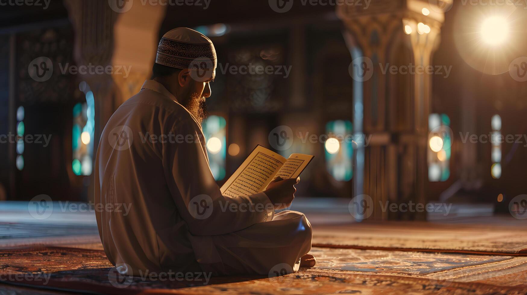 A Muslim man is reading the Quran in a peaceful setting with a dim and serene nighttime background. photo