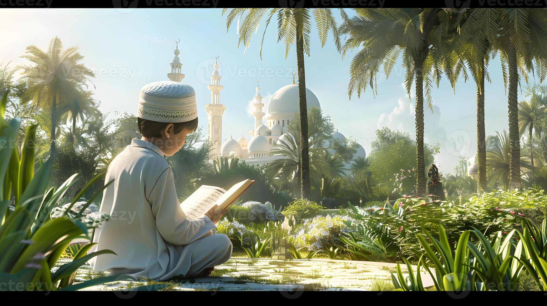 A Muslim boy is holding a Quran with a peaceful atmosphere and a serene scenic background photo