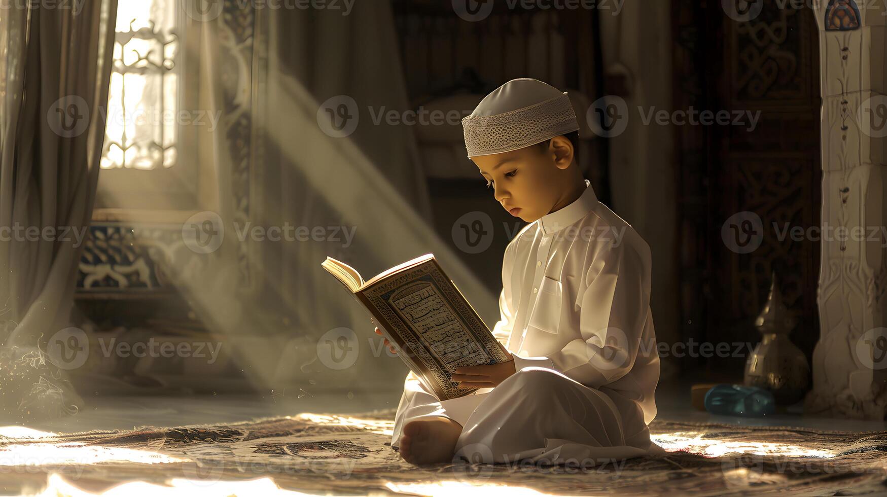 A Muslim boy is holding a Quran with a peaceful atmosphere and a serene scenic background photo
