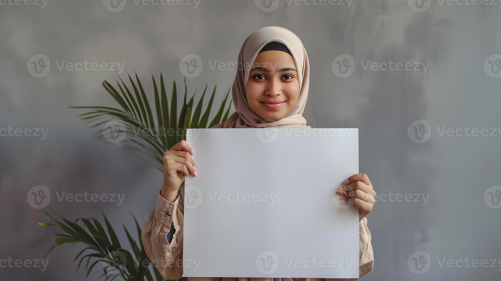 Cheerful Woman in Hijab Presenting an Empty Sheet photo