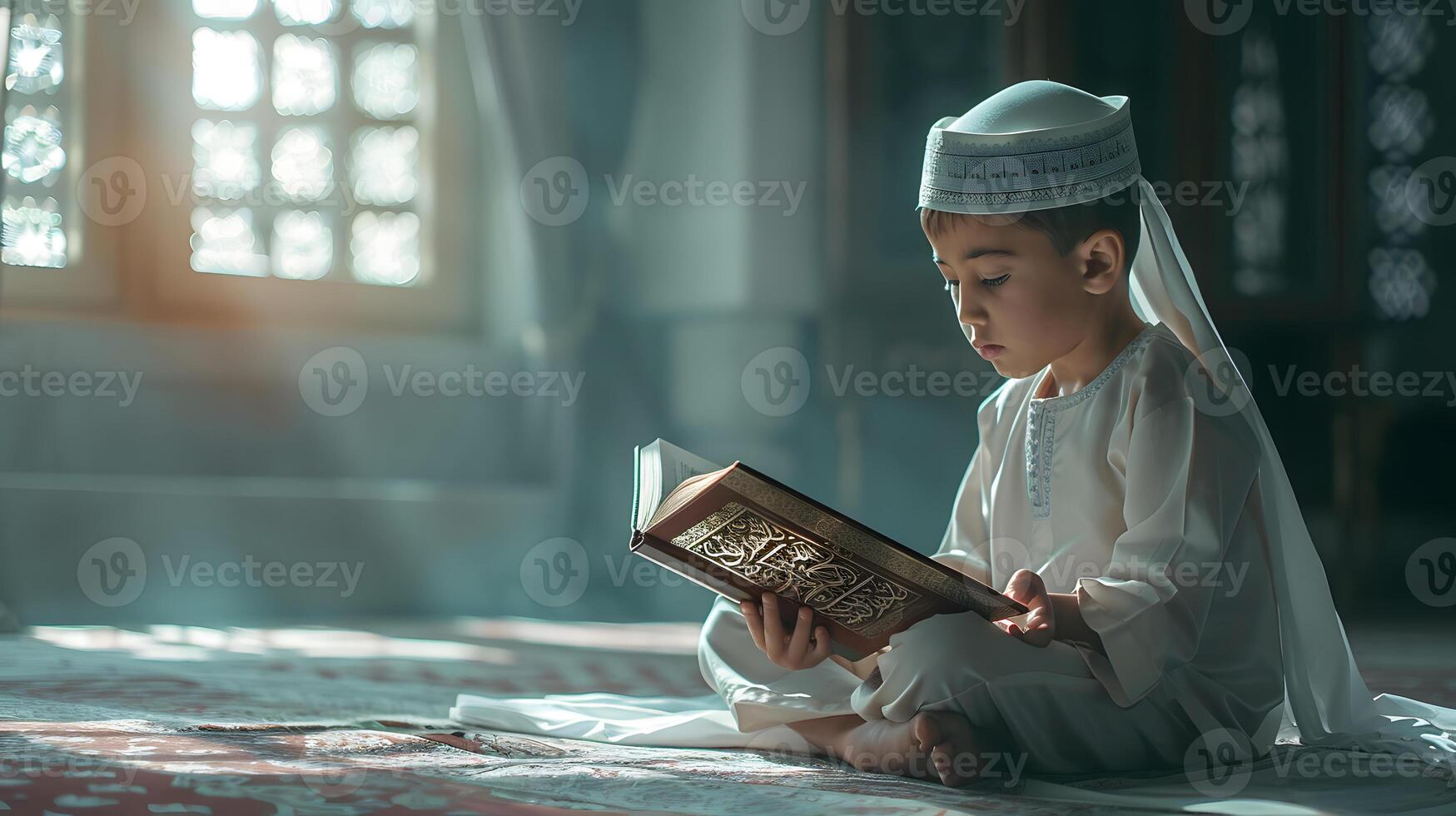 A Muslim boy is holding a Quran with a peaceful atmosphere and a serene scenic background photo