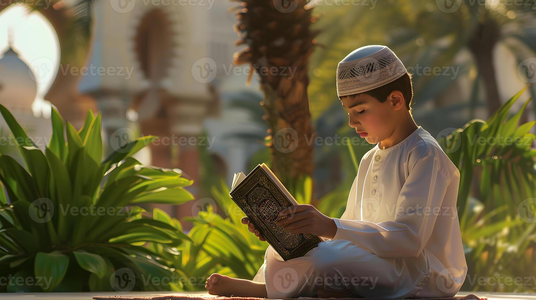 A Muslim boy is holding a Quran with a peaceful atmosphere and a serene scenic background photo