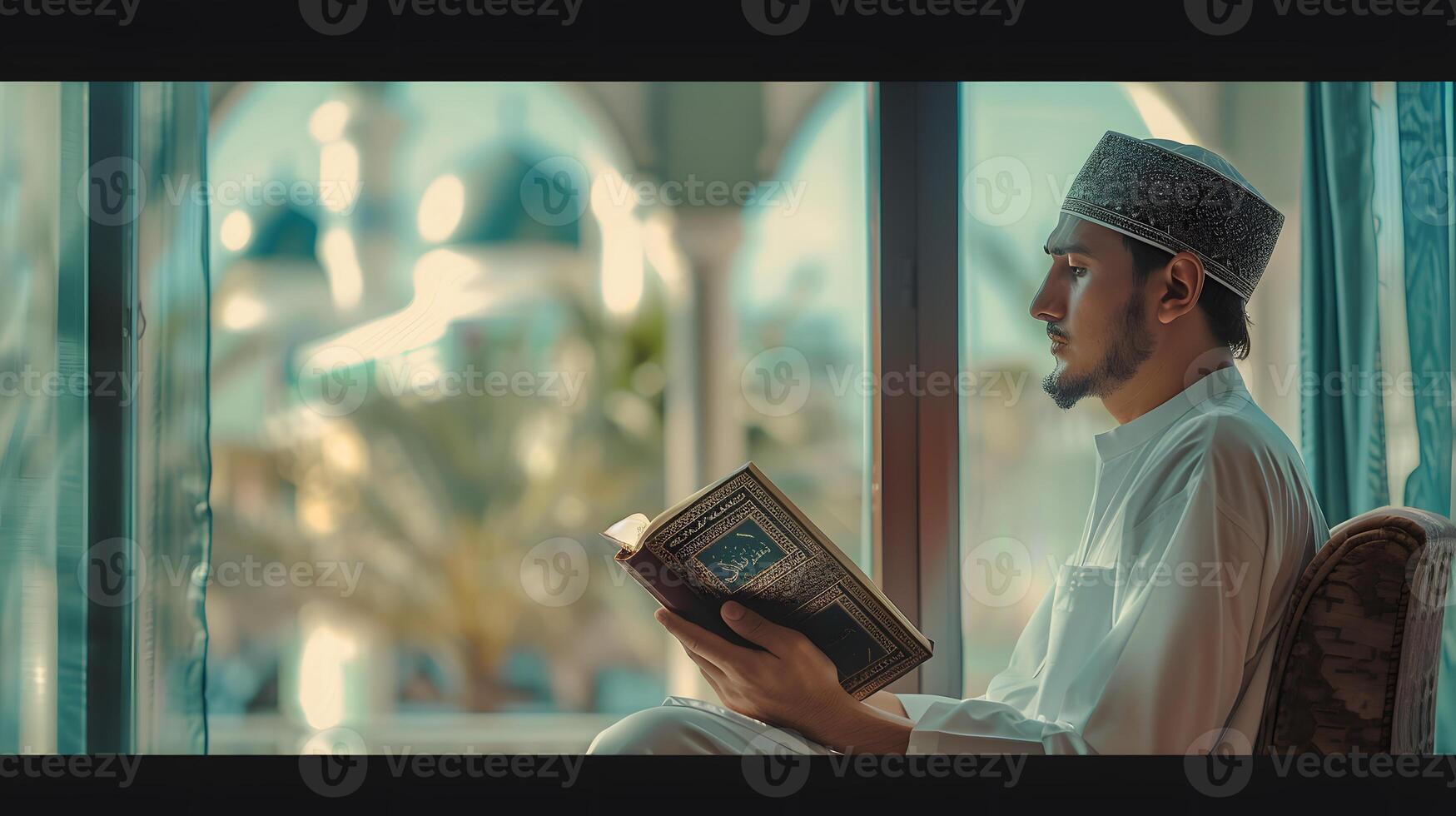 A Muslim man is reading the Quran with a mosque landscape in the background photo