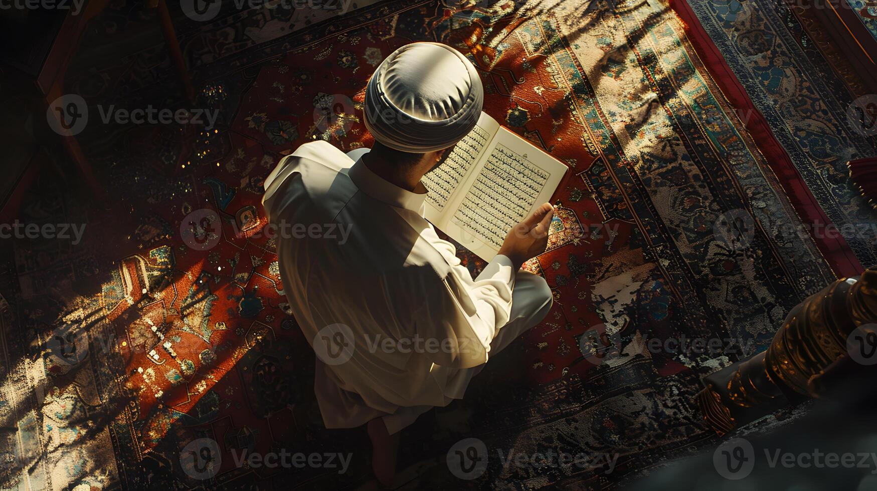 An overhead angle shows a Muslim man reading the Quran in a peaceful setting with a dim and serene nighttime background. photo