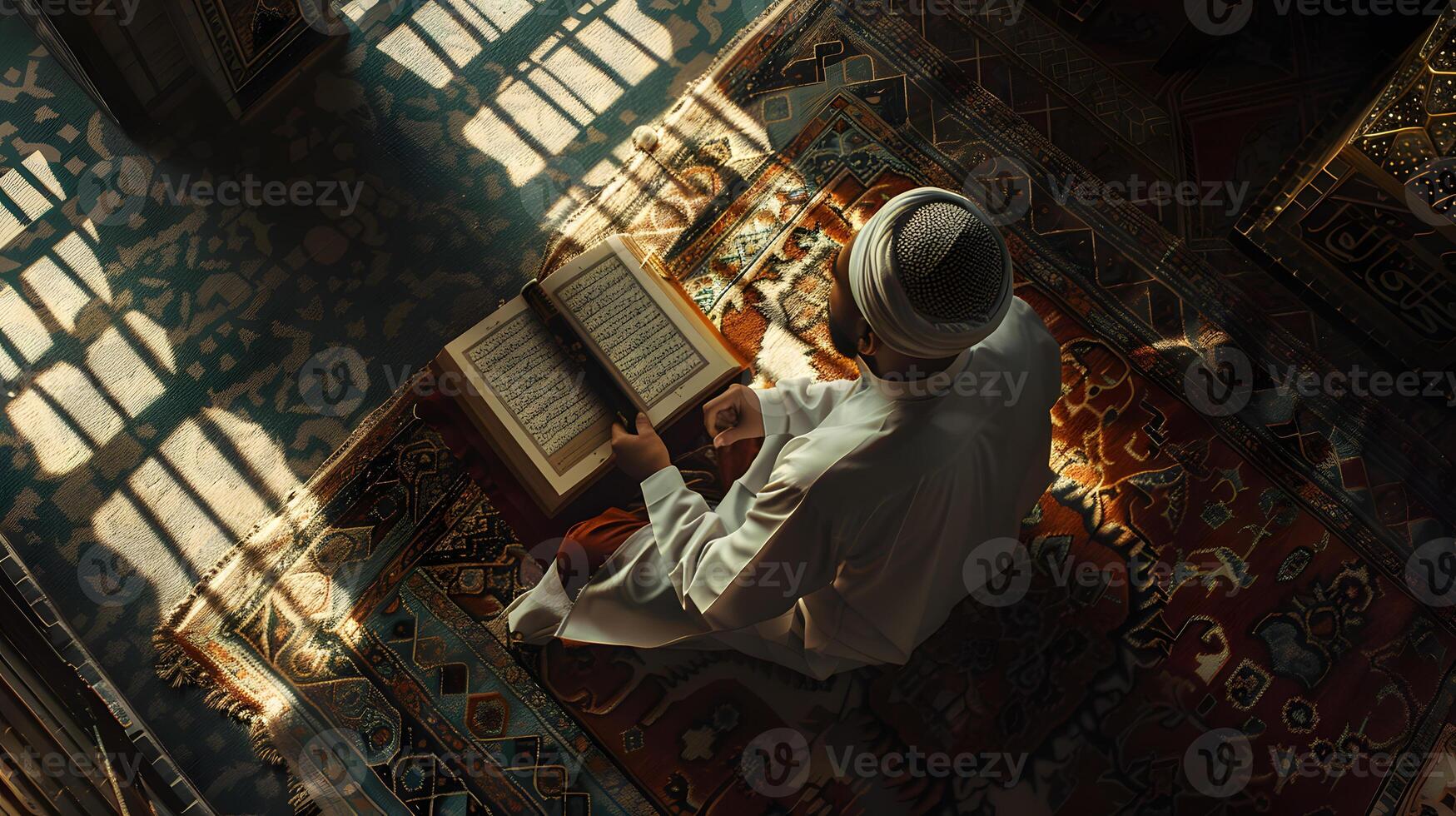 An overhead angle shows a Muslim man reading the Quran in a peaceful setting with a dim and serene nighttime background. photo