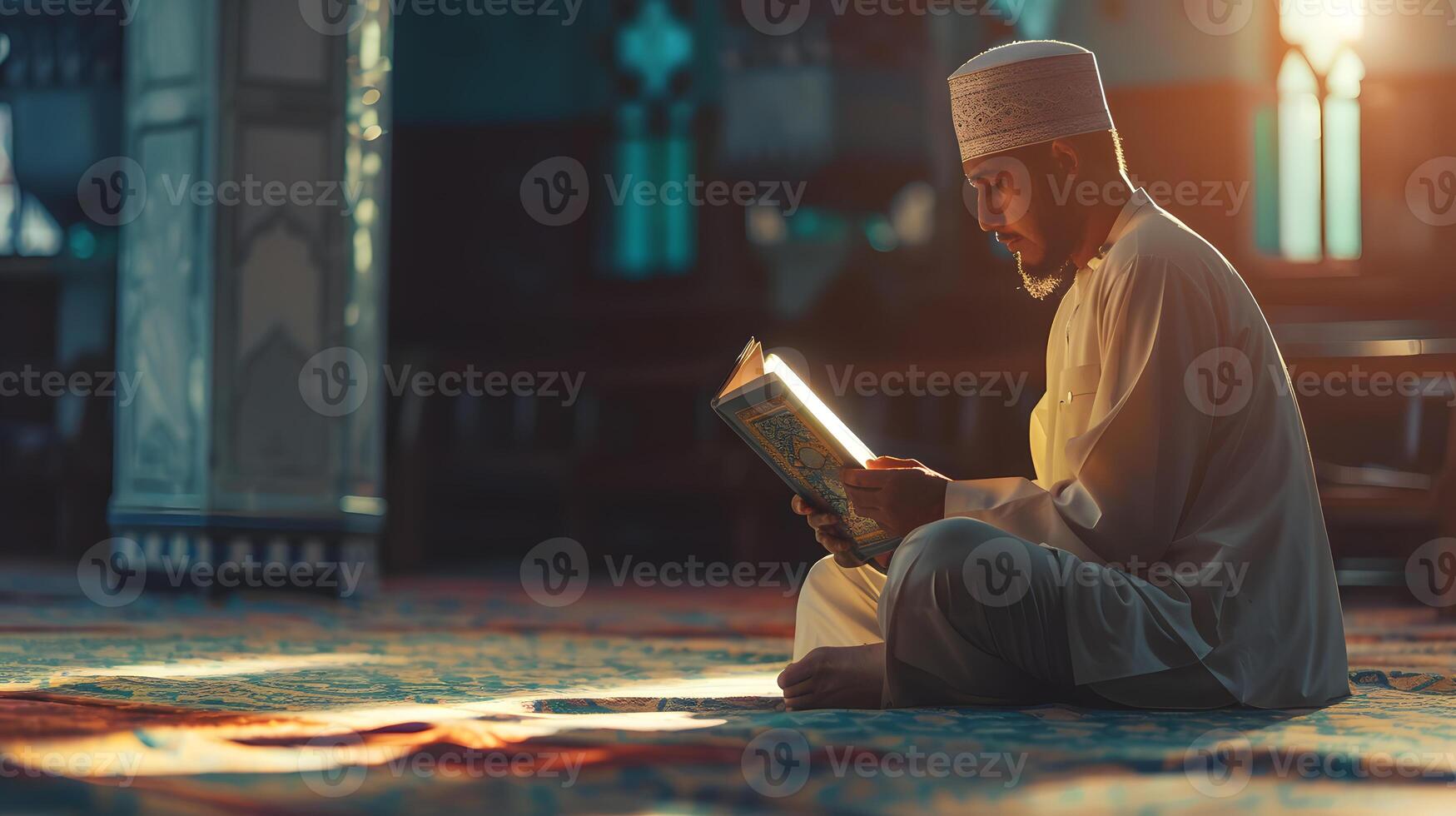 A Muslim man is reading the Quran in a peaceful setting with a dim and serene nighttime background. photo