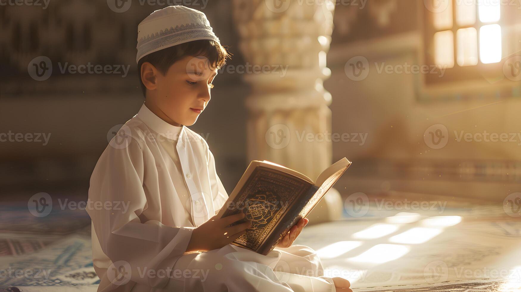 A Muslim boy is holding a Quran with a peaceful atmosphere and a serene scenic background photo
