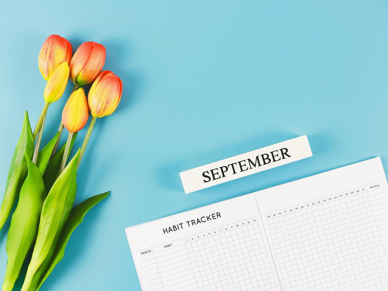 flat lay of habit tracker book with wooden calendar September and tulips on blue background with copy space. photo