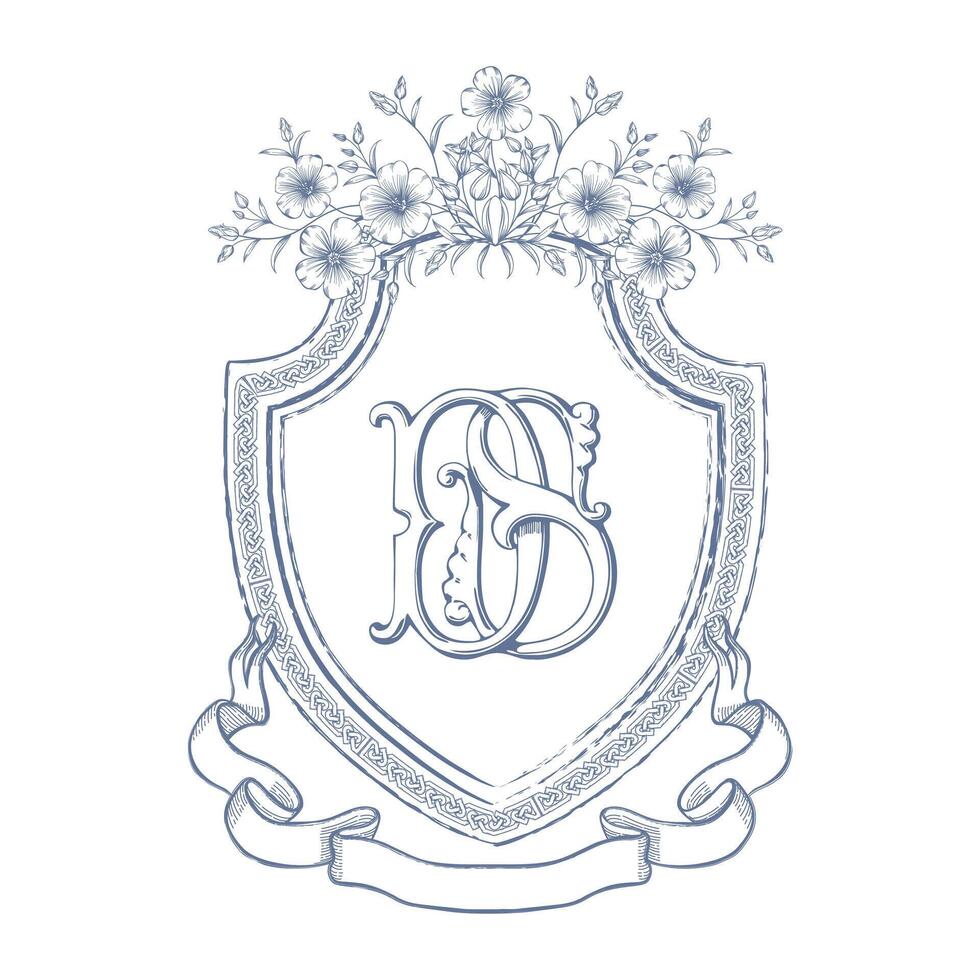 Beautiful vintage wedding crest shield with flowers and initials DS, SD. vector