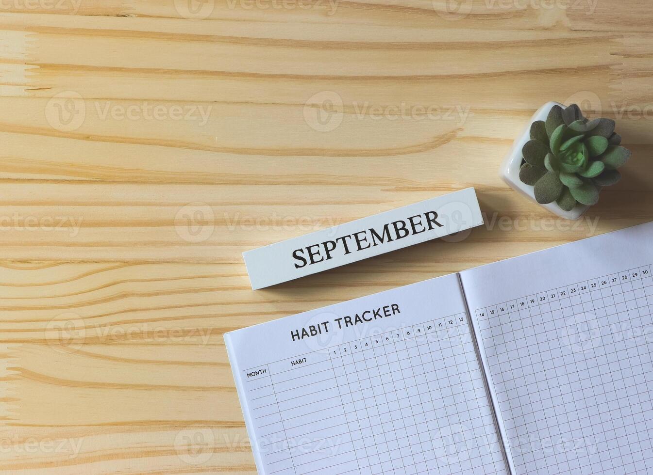 flat lay of habit tracker book with succulent plant pot and wooden calendar June on wooden table background with copy space, self development concept. photo