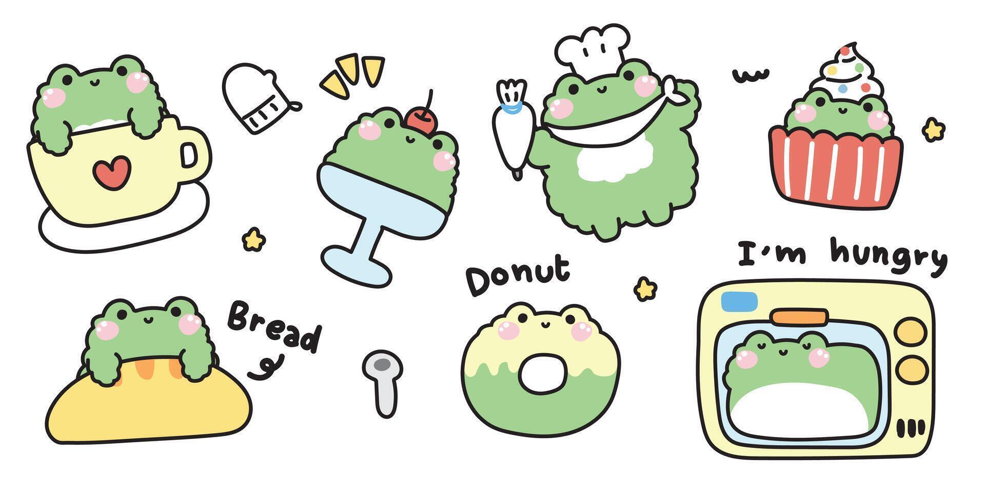 Set of cute frog in bakery and sweet concept.Coffee,bread,pudding,donut,cupcake,baked.Reptile animal character cartoon design.Kawaii.Illustration. vector