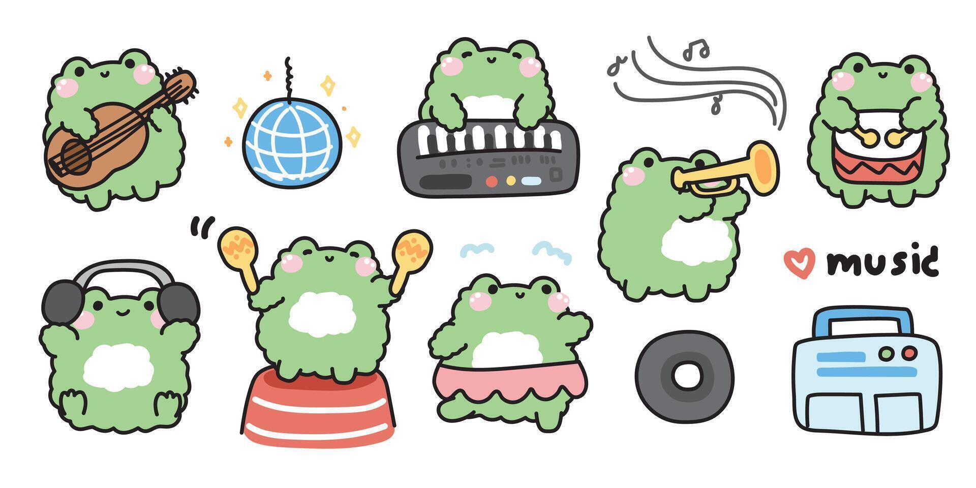 Set of cute frog in music concept.Dance.Melody.Note.Guitar,disco ball,radio,CD,drum,trumpet.Reptile animal character cartoon design.Kawaii.Illustration. vector