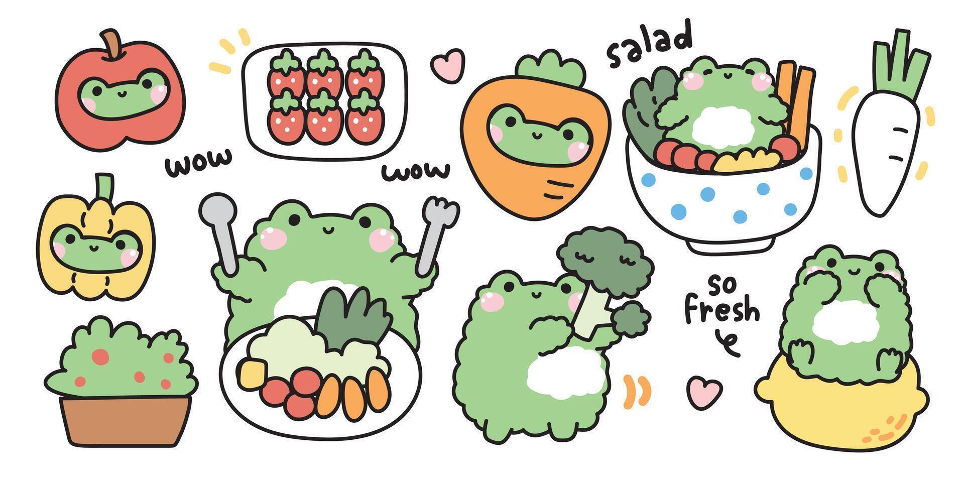 Set of cute frog in vegetable concept.Vegetarian.Apple,green pepper,broccoli,salad,carrot,lemon.Reptile animal character cartoon design.Kawaii.Illustration. vector