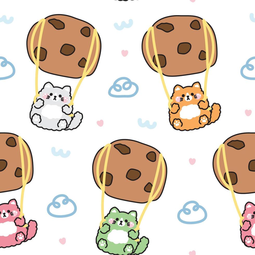 Seamless patern of cute cat parachute chocolate cookies shape cartoon hand drawn sky cloud background.Meow lover.Bakery,sweet,dessert.Pet animal character.Kawaii.Illustration. vector