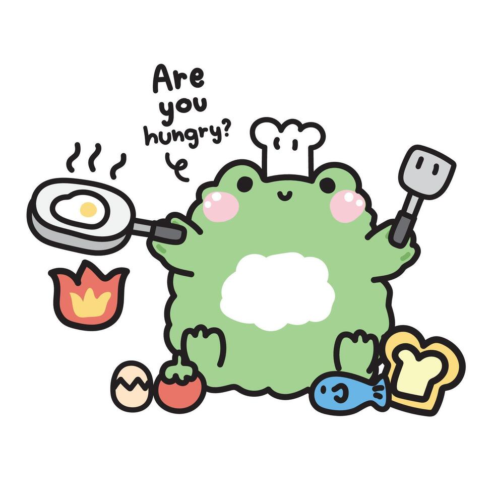 Cute frog chef cooking with ingredients food.Fried egg,tomato,bread,fish.Are you hungry.Reptile animal character cartoon design.Kawaii.illustration. vector