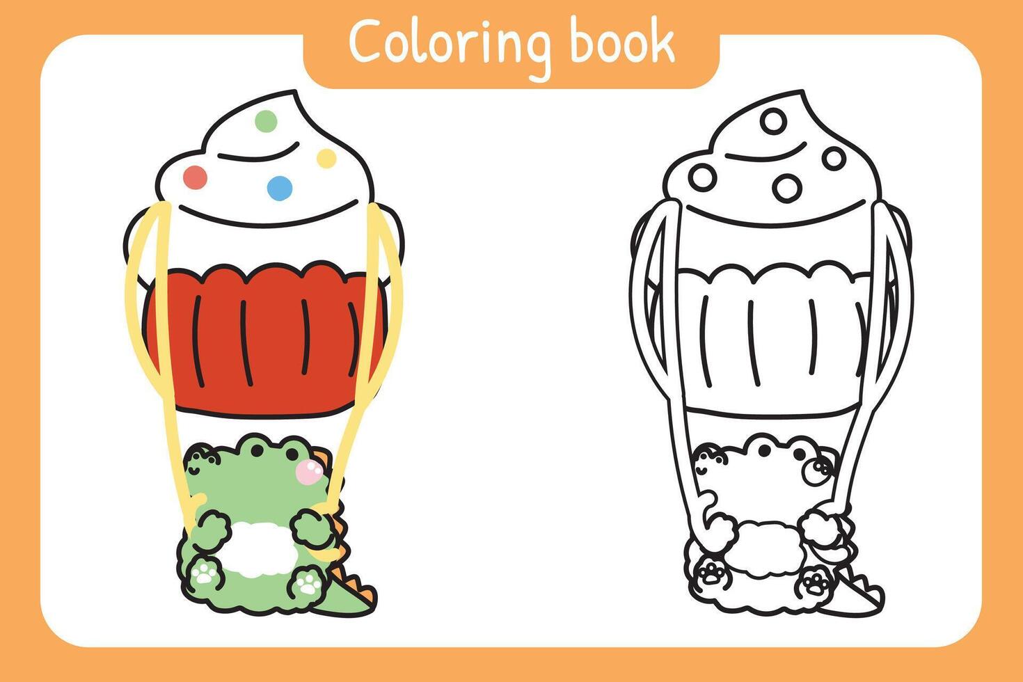 Coloring book.Painting book for kid.Cute crocodile parachute cupcake shape cartoon hand drawn.Bakery,sweet,dessert.Reptile animal character.Kawaii.Illustration. vector