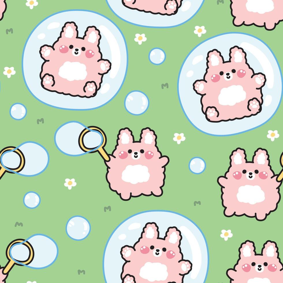 Seamless pattern of cute rabbit play soap bubble on the garden.Rabbit stay in bubble.Rodent animal character cartoon design.Kawaii.Illustration. vector