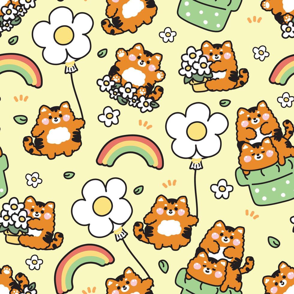 Seamless pattern of cute tiger with flower in various poses background.Blooming.Nature.Spring.Balloon.Rainbow.Wild animal character cartoon design.Kawaii.Illustration. vector