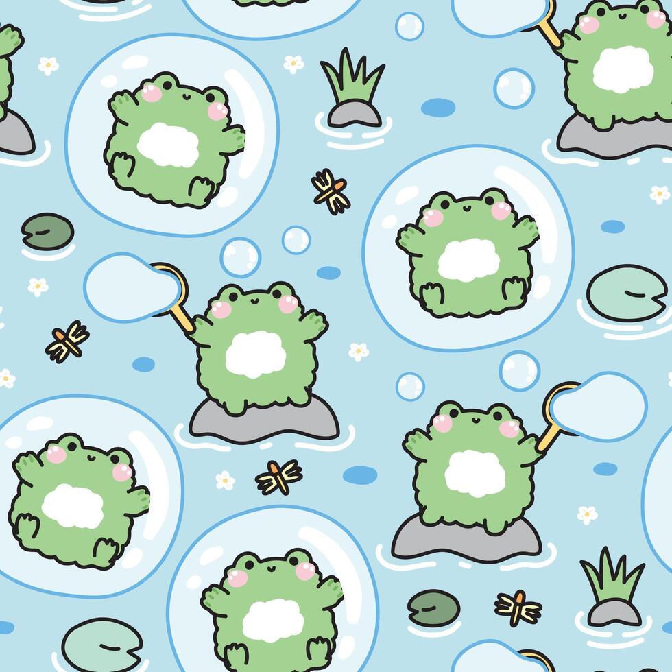 Seamless pattern of cute frog play soap bubble on the stone in the river at jungle.Frog stay in bubble and dragonfly on sky background.Reptile animal character cartoon design.Kawaii vector