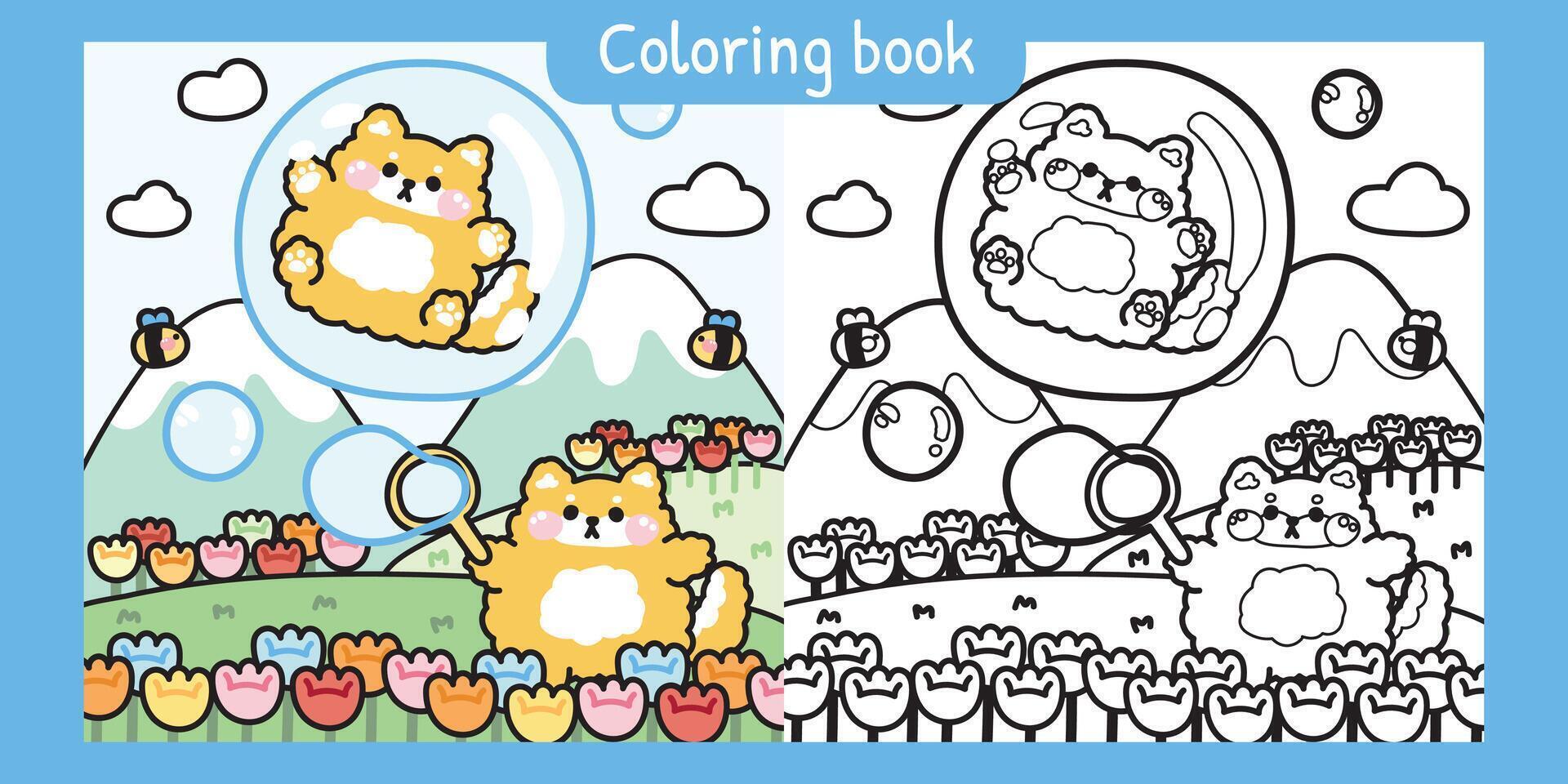 Coloring book.Painting book for kid.Cute shiba inu dog play soap bubble on the flower garden.Dog stay in bubble with bee on sky mountain background.Japanese pet animal character cartoon design.Kawaii. vector