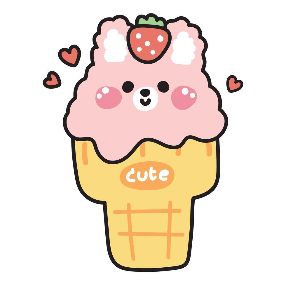 Cute rabbit face with strawberry fruit on ice cream cone.Dessert,sweet,food.Easter.Rodent animal character cartoon design.Kawaii.Illustration. vector