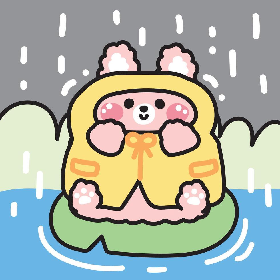 Cute rabbit wear rain coat sit on leaf river background.Easter.Rainy season.Rodent animal character cartoon design.Kawaii.Illustration. vector