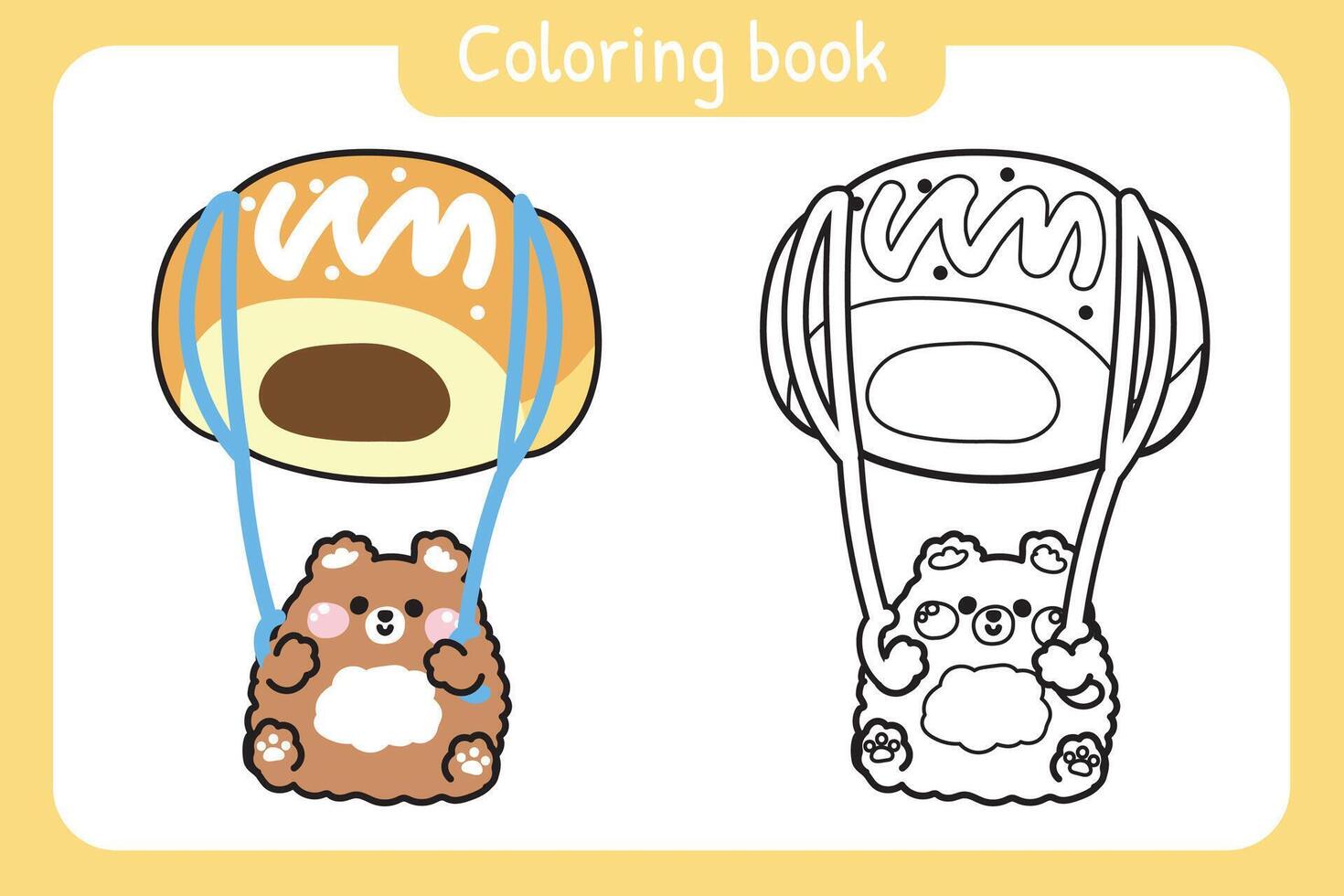 Coloring book.Painting book for kid.Cute teddy bear parachute chocolate bread shape cartoon hand drawn.Bakery,sweet,dessert.Wild animal character.Kawaii.Illustration. vector