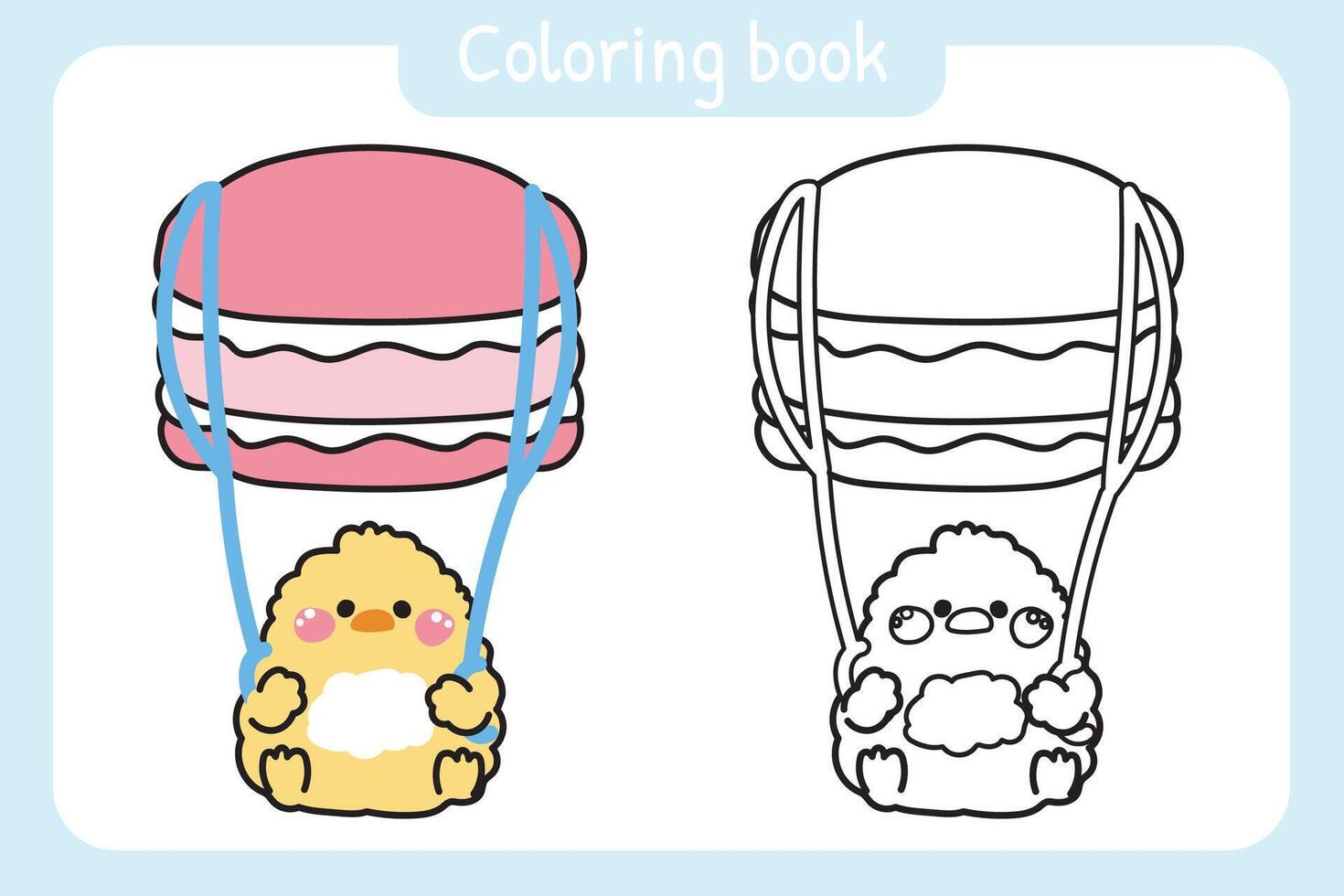 Coloring book.Painting book for kid.Cute chicken parachute macaron shape cartoon hand drawn.Bakery.Farm animal character.Kawaii.Illustration. vector