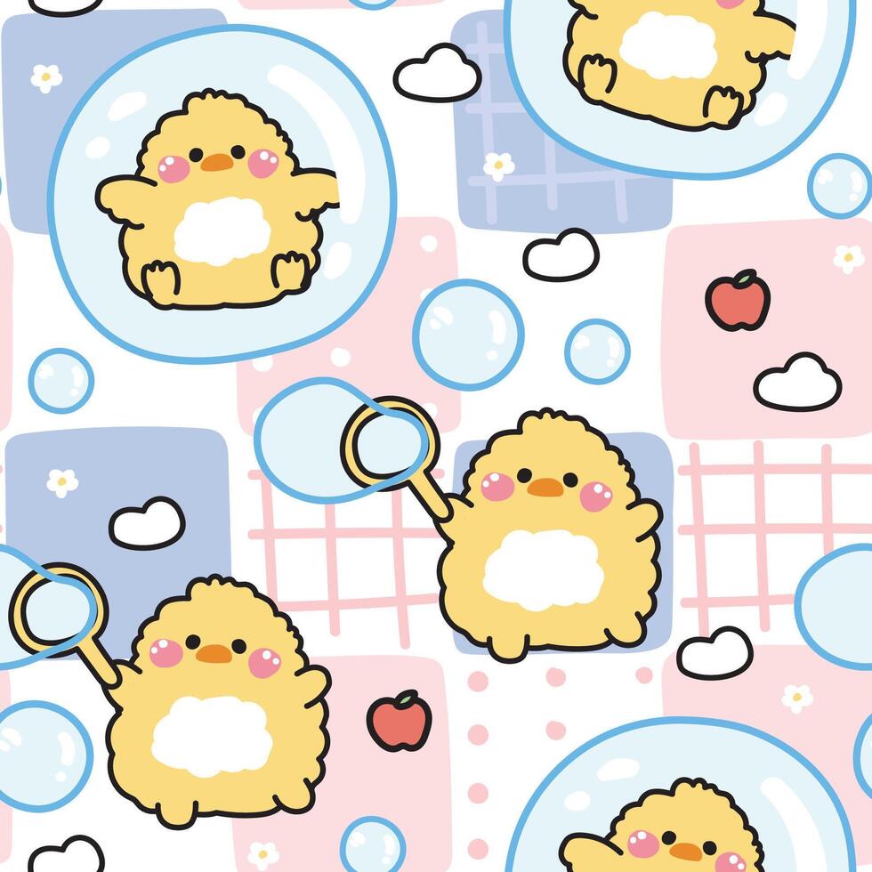 Seamless pattern of cute chicken play soap bubble background.Chicken stay in bubble.Apple.Paly.Fun.Farm bird animal character cartoon design.Kawaii.Illustration vector