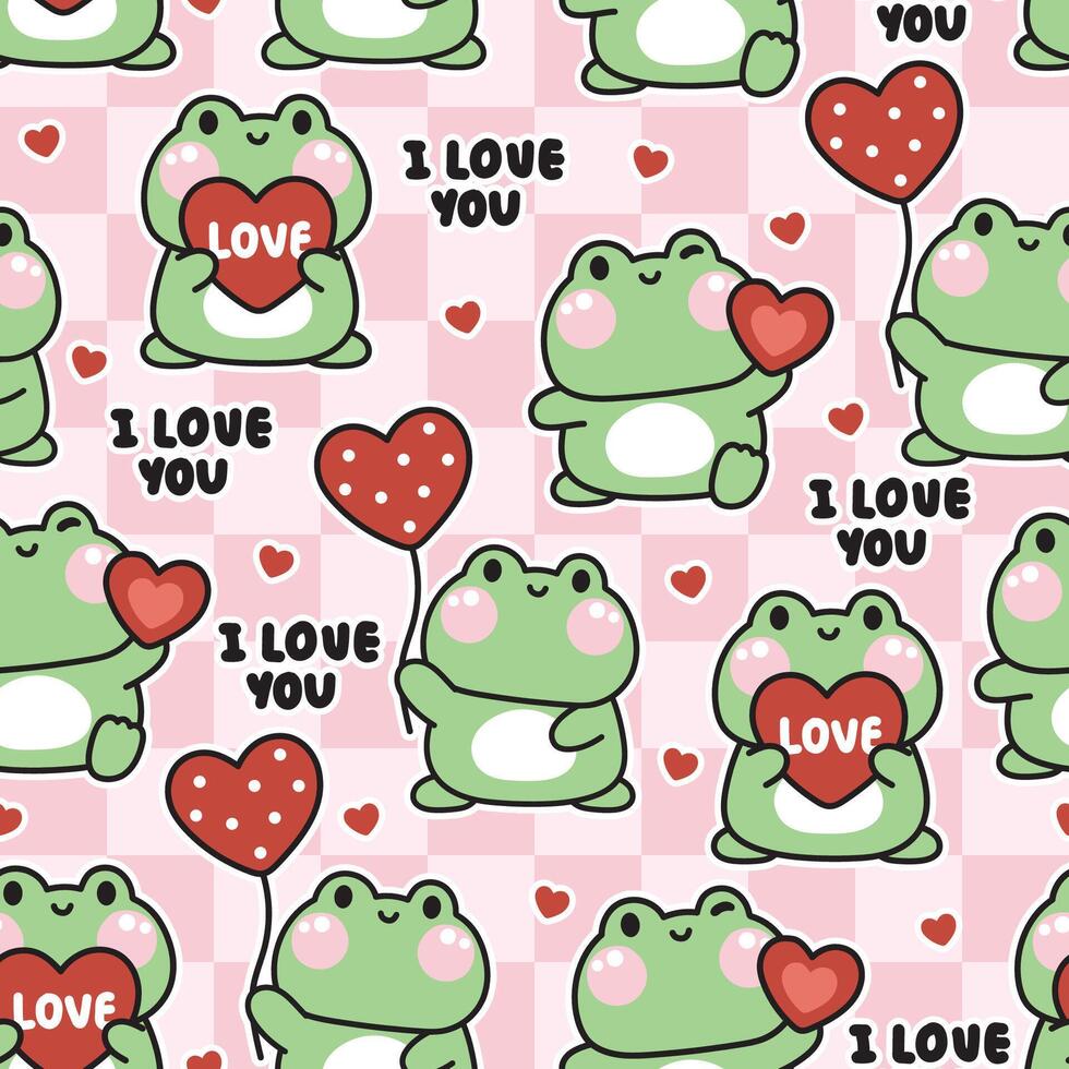Seamless pattern of cute frog with heart balloon in various poses pink background.Valentines day.I love you text.Reptile animal character cartoon.Kawaii.Illustration. vector