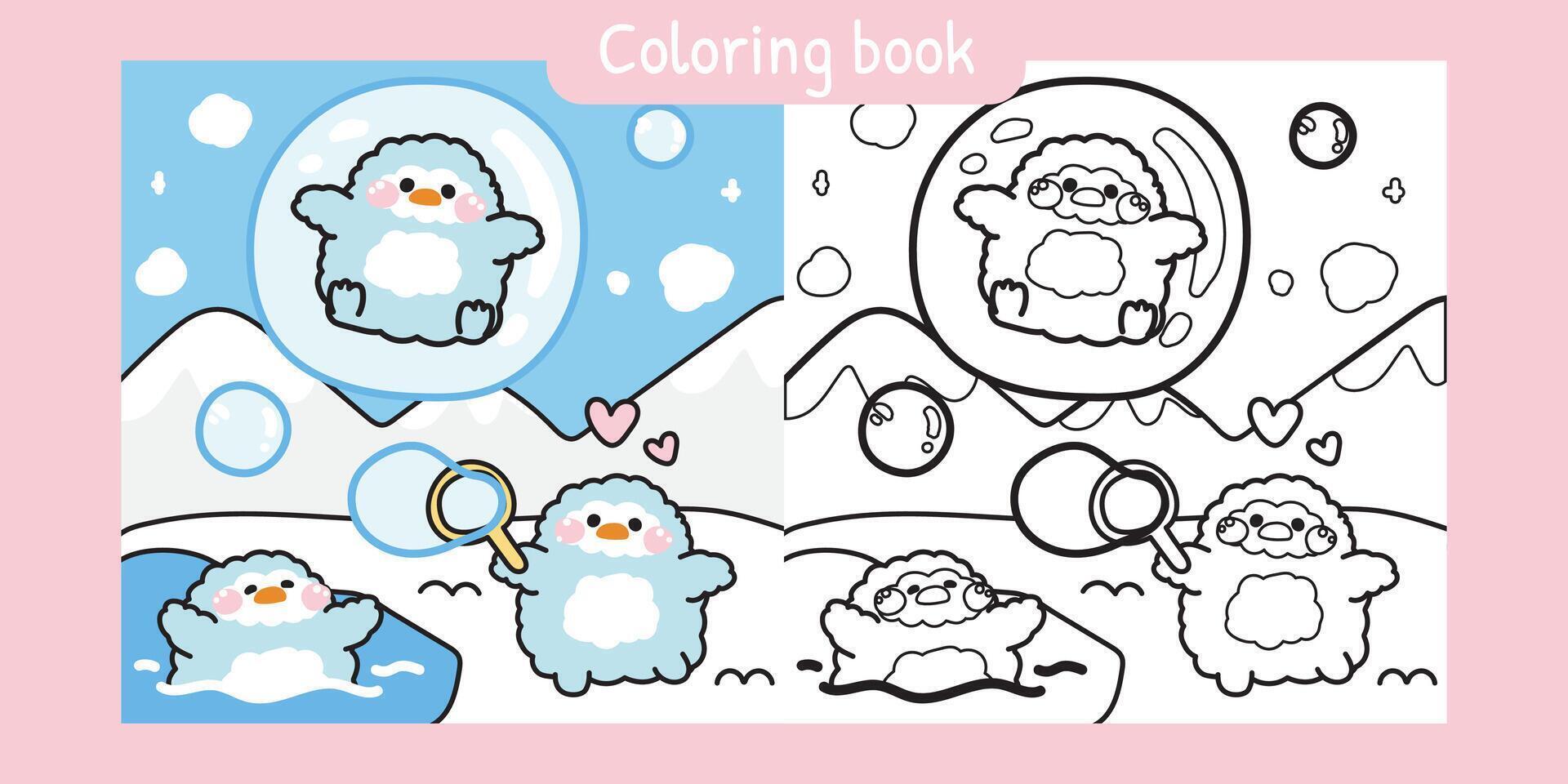 Coloring book.Painting book for kid.Cute penguin play soap bubble on the ice.Penguin stay in bubble on sky and mountain background.Pole.Snow.Winter.Bird animal character cartoon design.Kawaii. vector