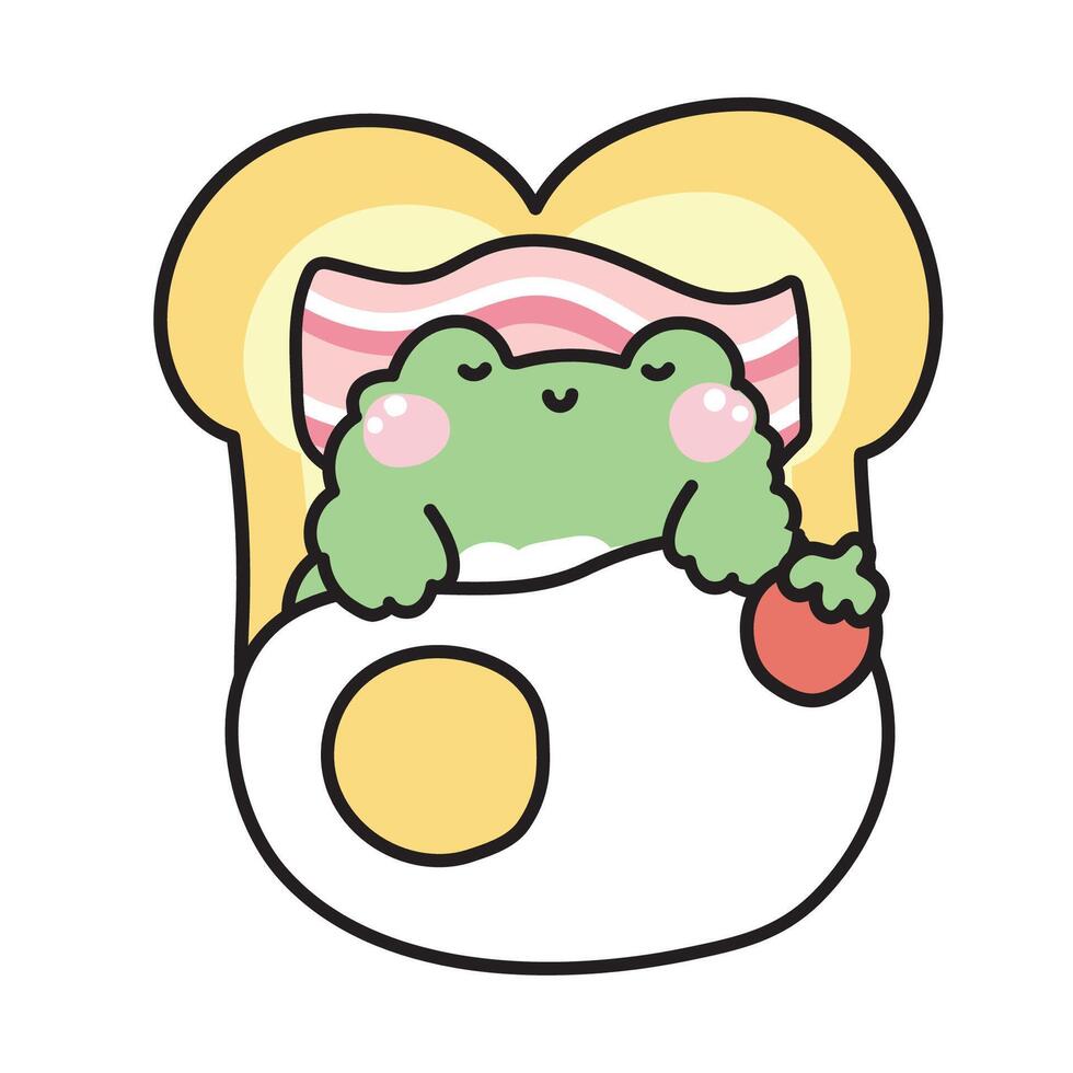 Cute frog sleep with ingredients food.Breakfast.Fried egg,tomato,bread,bacon.Reptile animal character cartoon design.Kawaii.illustration. vector
