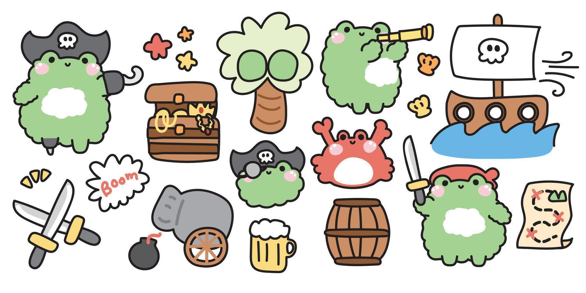Set of cute frog in pirate concept.Sea and beach.Captain,ship,crab,beer,map,cannon.Reptile animal character cartoon design.Kawaii.Illustration. vector