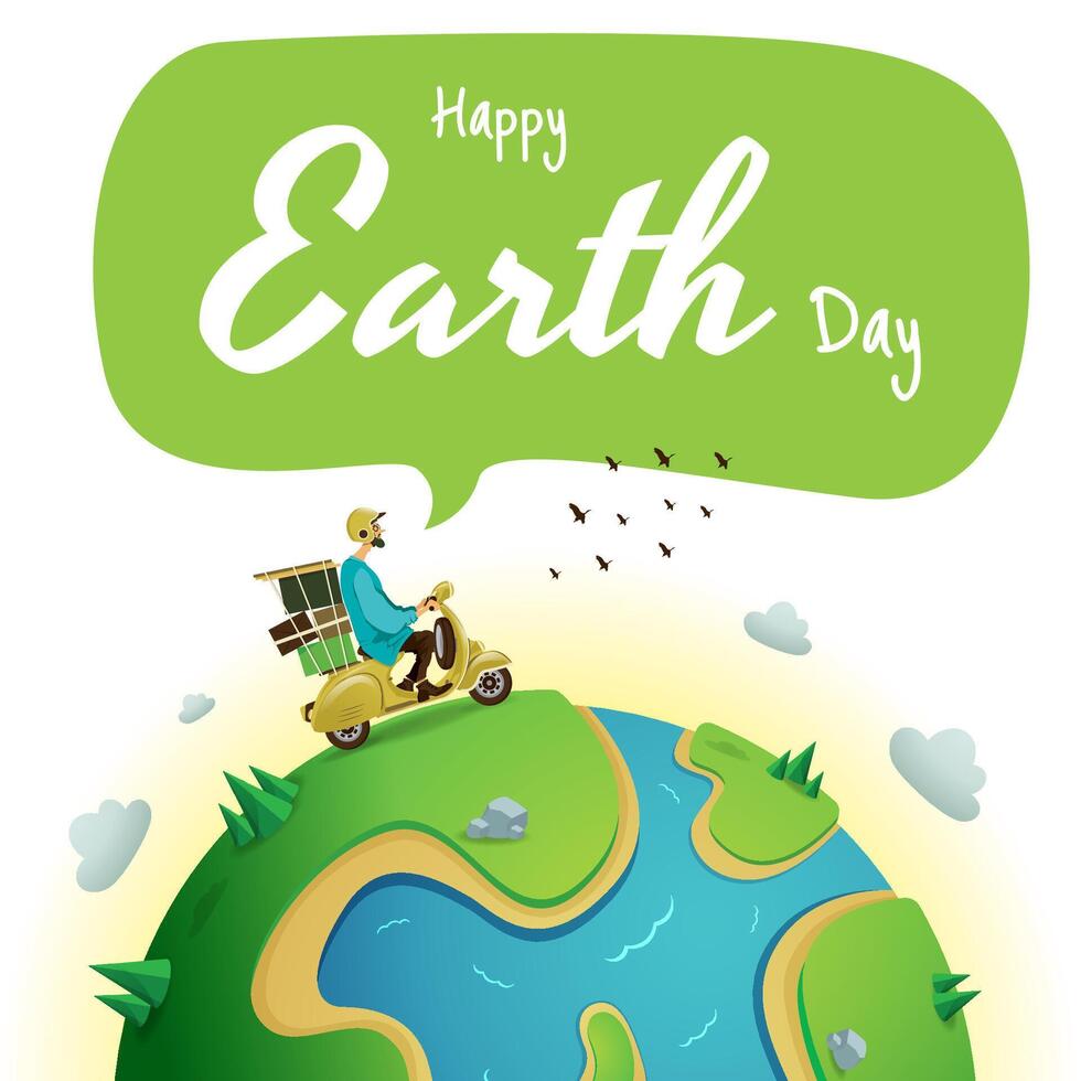 A man celebrating Earth Day with a motorcycle on top of the Earth vector