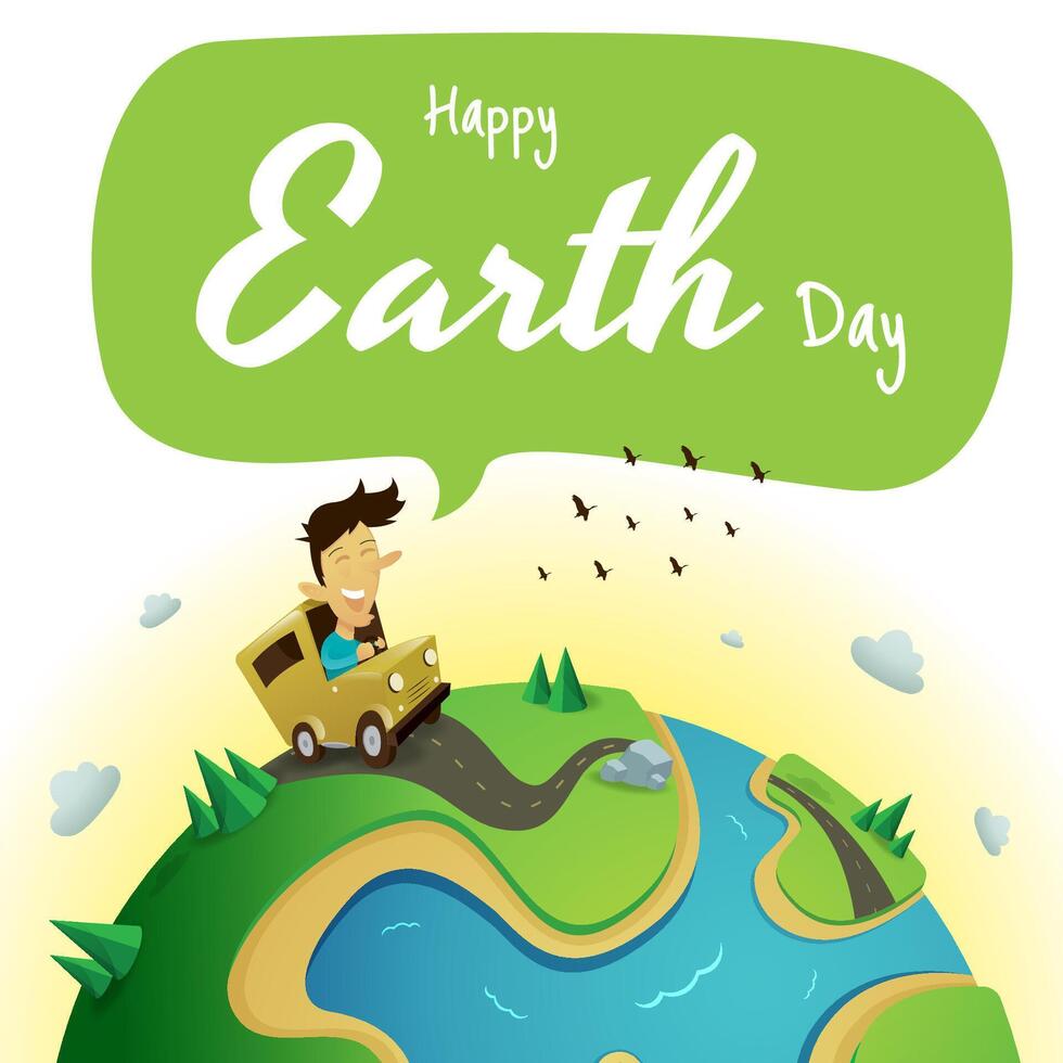 A man celebrating Earth Day with a motorcycle on top of the Earth vector