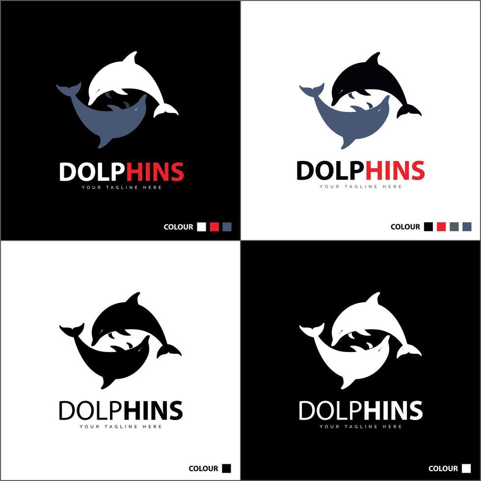 Two Dolphin jumping sealife silhouette logo set design template vector