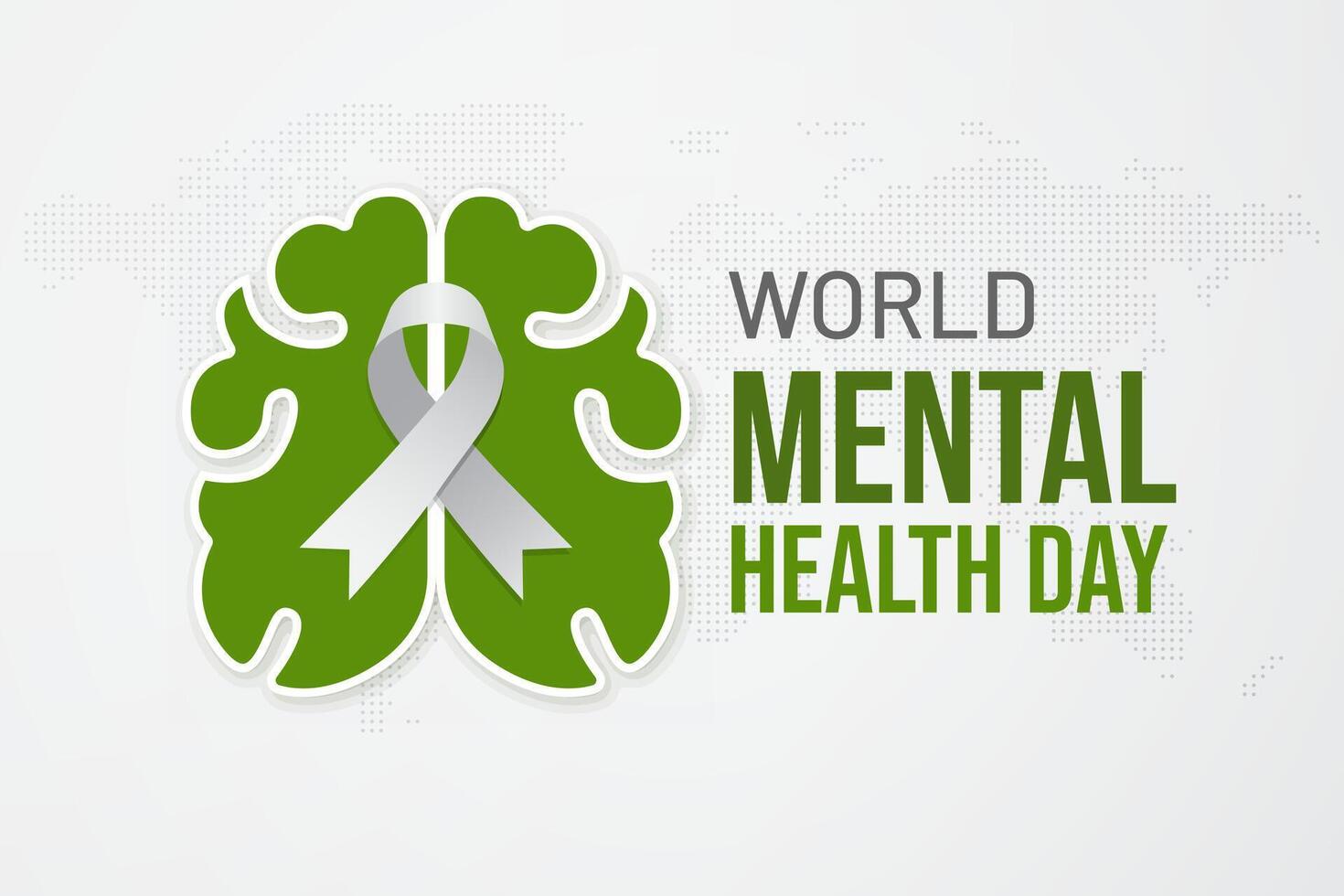 World Mental Health Day with brain and ribbon illustration on dotted map background vector