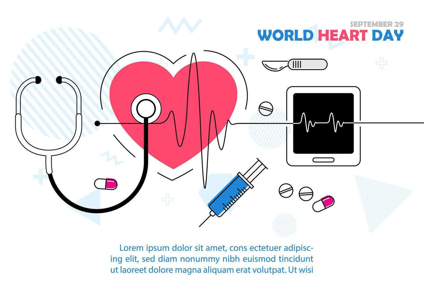 Concept of world heart day poster campaign in a icon line art and health care awareness in flat style and design vector