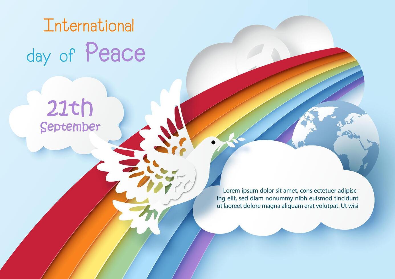 White pigeon flying on rainbow with wording clouds and the day and name of event, example texts on blue background. vector