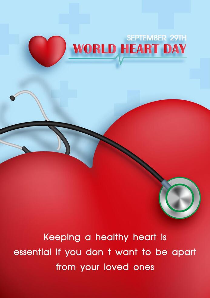 Slogan of Heart day on crop of red heart with stethoscope and wording of World Heart Day on blue background. vector