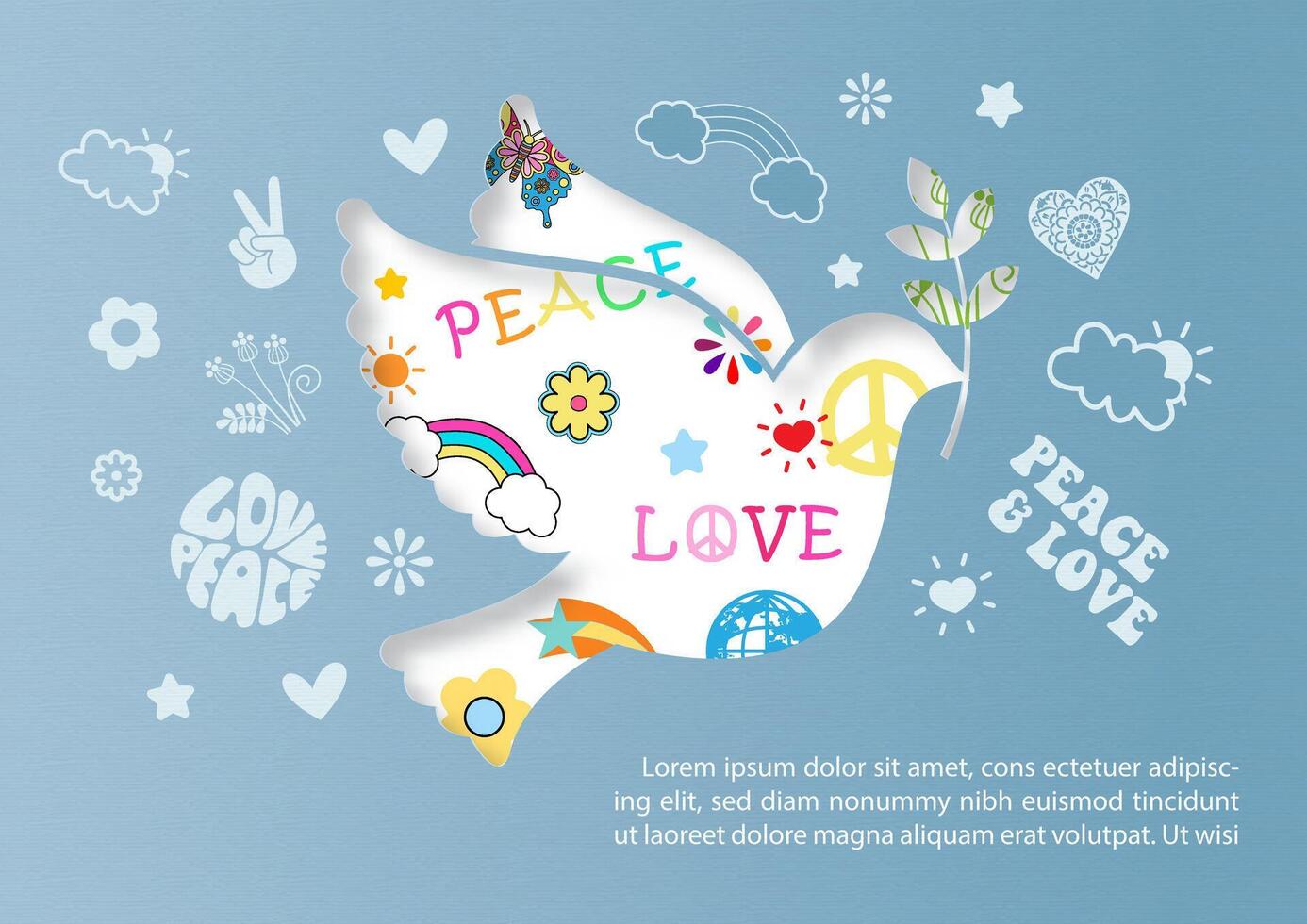 Dove peace with sign icon of Peace day in paper cut style and example texts on blue paper pattern background vector