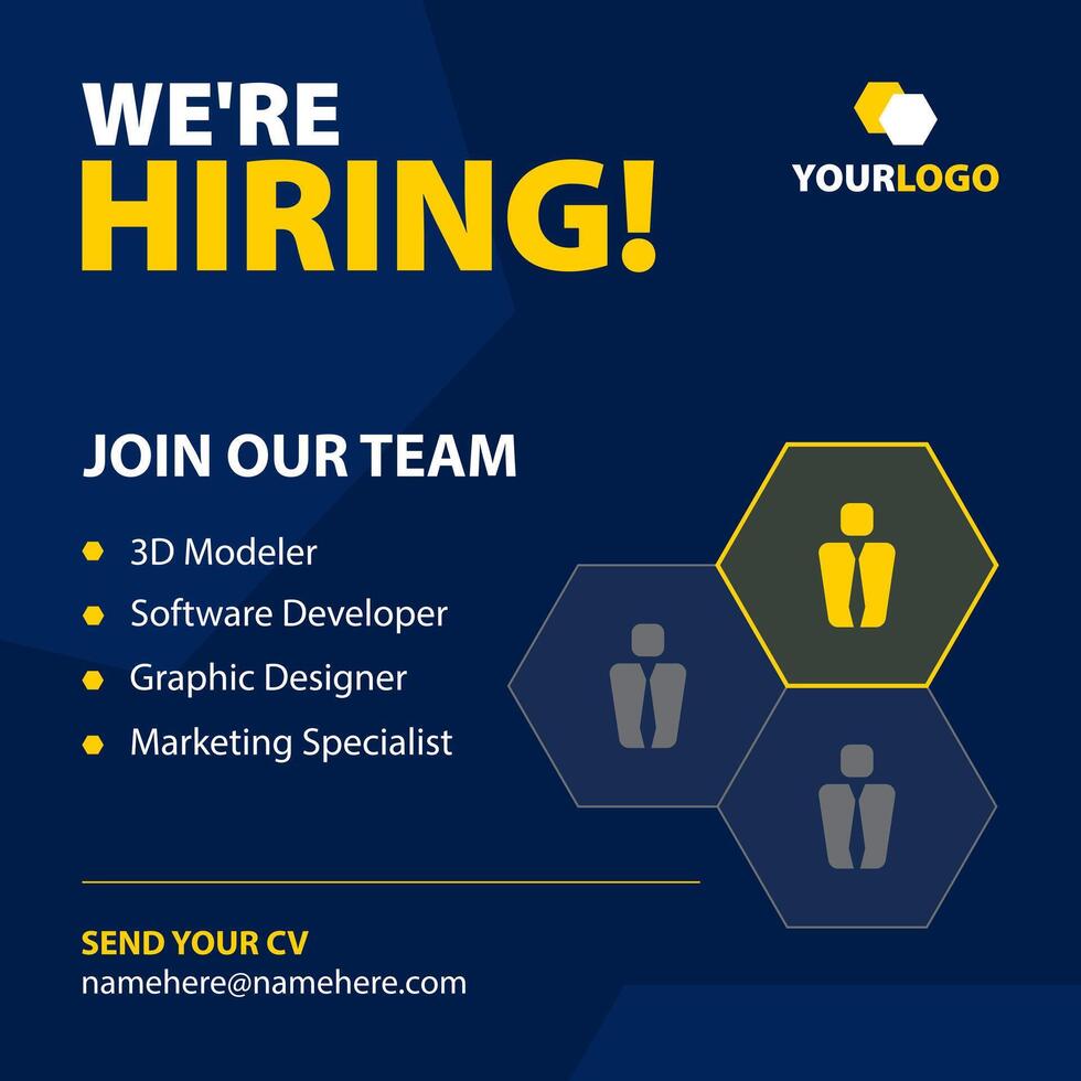 Poster of we are hiring for social media. Job vacancy, looking for new members. Join our team announcement. Employee icons in hexagons form a honeycomb. vector