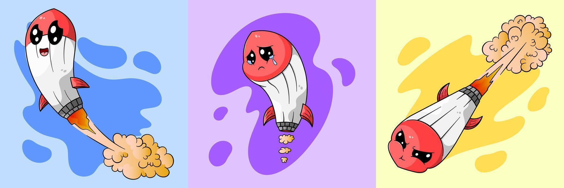 Cute cartoon rocket missiles illustration with variant background shapes. Happy, sad, and brave rocket missile expressions with smoke. vector
