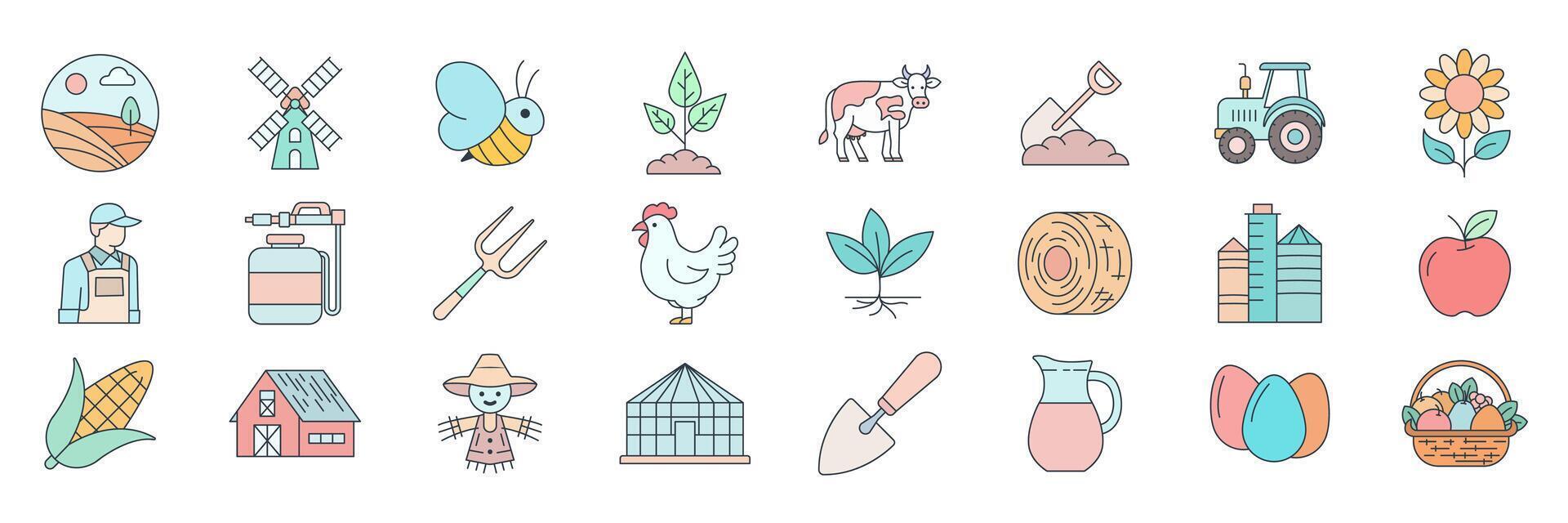 agriculture icons set, Included icons as Barn, Greenhouse, Hay Bale, Corn and more symbols collection, logo isolated illustration vector