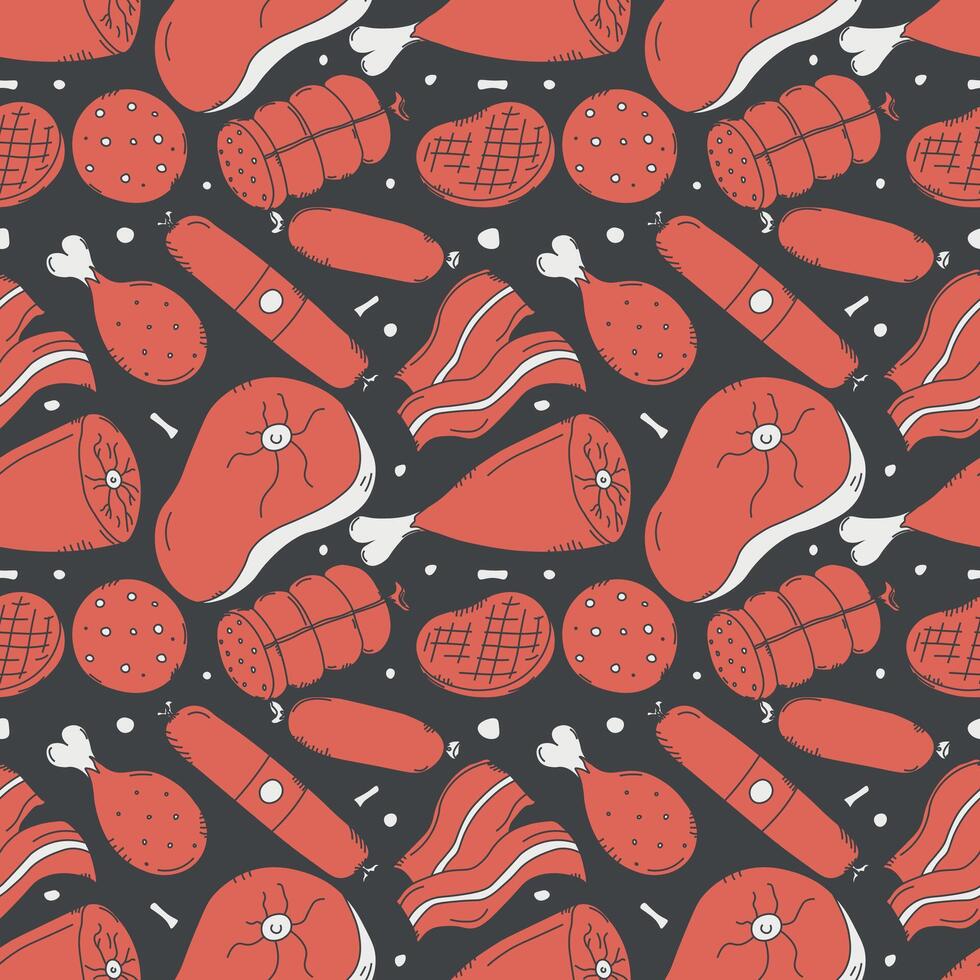 Seamless meat products pattern. illustration with meat products icons vector