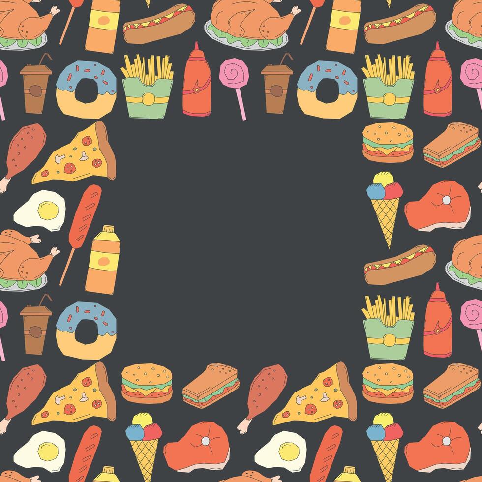 Fast food frame. Doodle fast food background vector