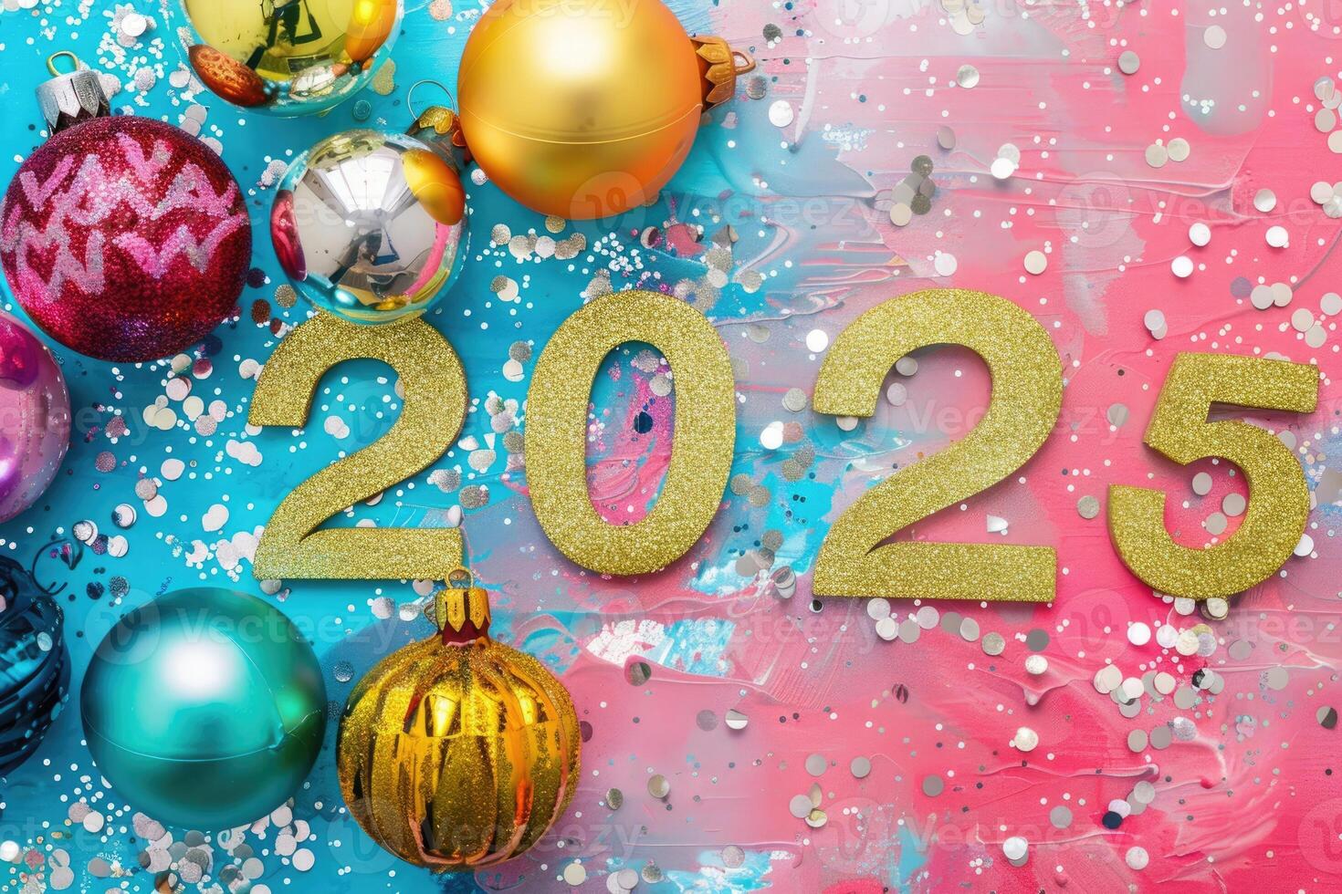 Number 2025 with tree toy balls and fir branches on blue and red background photo