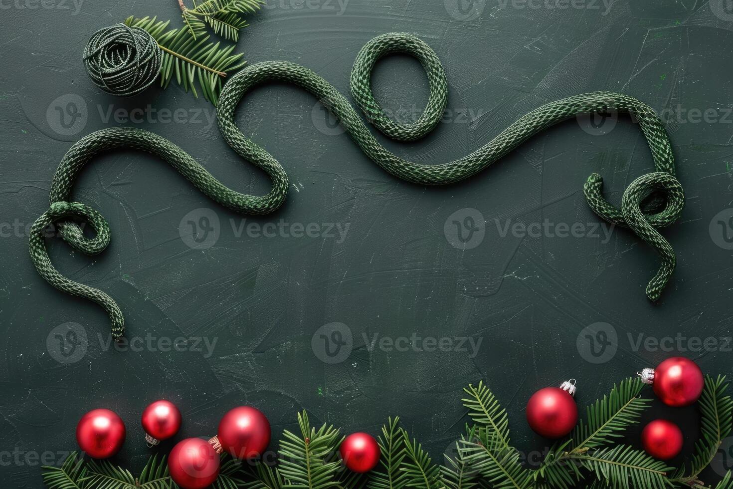 Snake a symbol of 2025 year with Christmas tree toy ball in green background photo